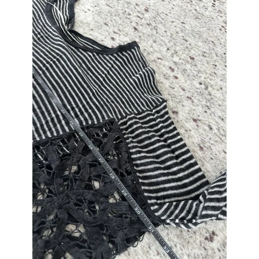 Free People Black White Striped Knit Lace Trim Scoop Neck Dolman Tunic L
